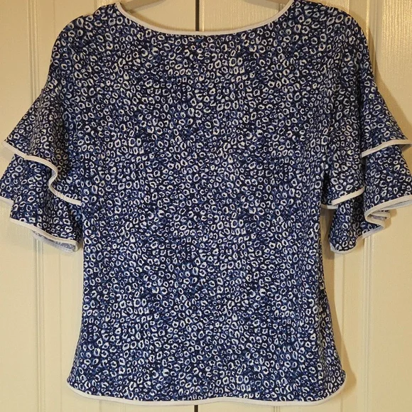 NY Collection Blue Animal Print Ruffle Sleeve Blouse - Picture 7 of 7